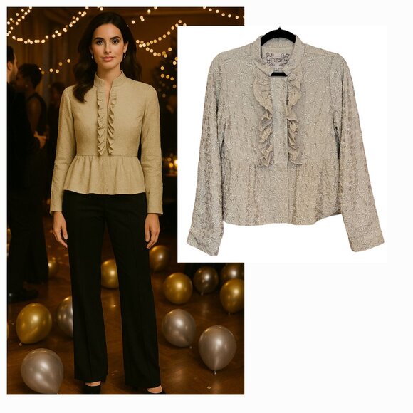 Pete & Greta by Johnny Was VTG 100% Silk Embroidered Peplum Lined Gold Jacket - Picture 1 of 16